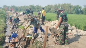 Sinergitas TNI-Polri dan Warga Sumbertanggul, Satgas TMMD 126 Kodim 0815 Lanjutkan Pembangunan TPT